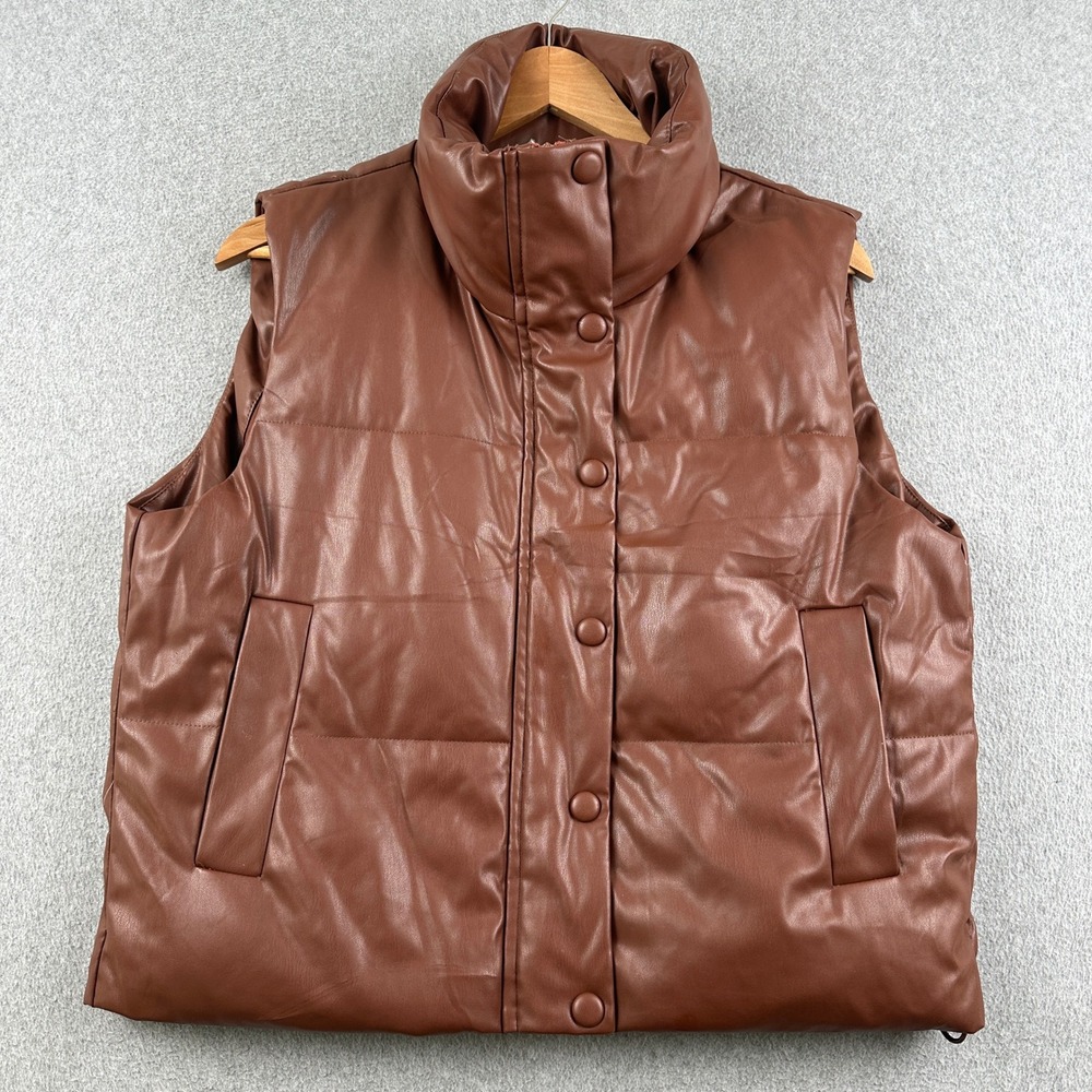 Fashion Vest Womens S DH-123 Brown Faux Leather Puffer Padded Snap Button